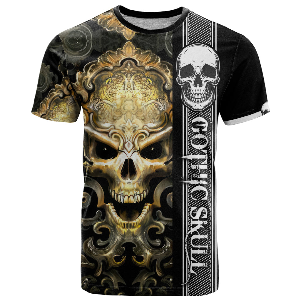 Golden Gothic Skull T Shirt Embracing Ancient Elegance DT01