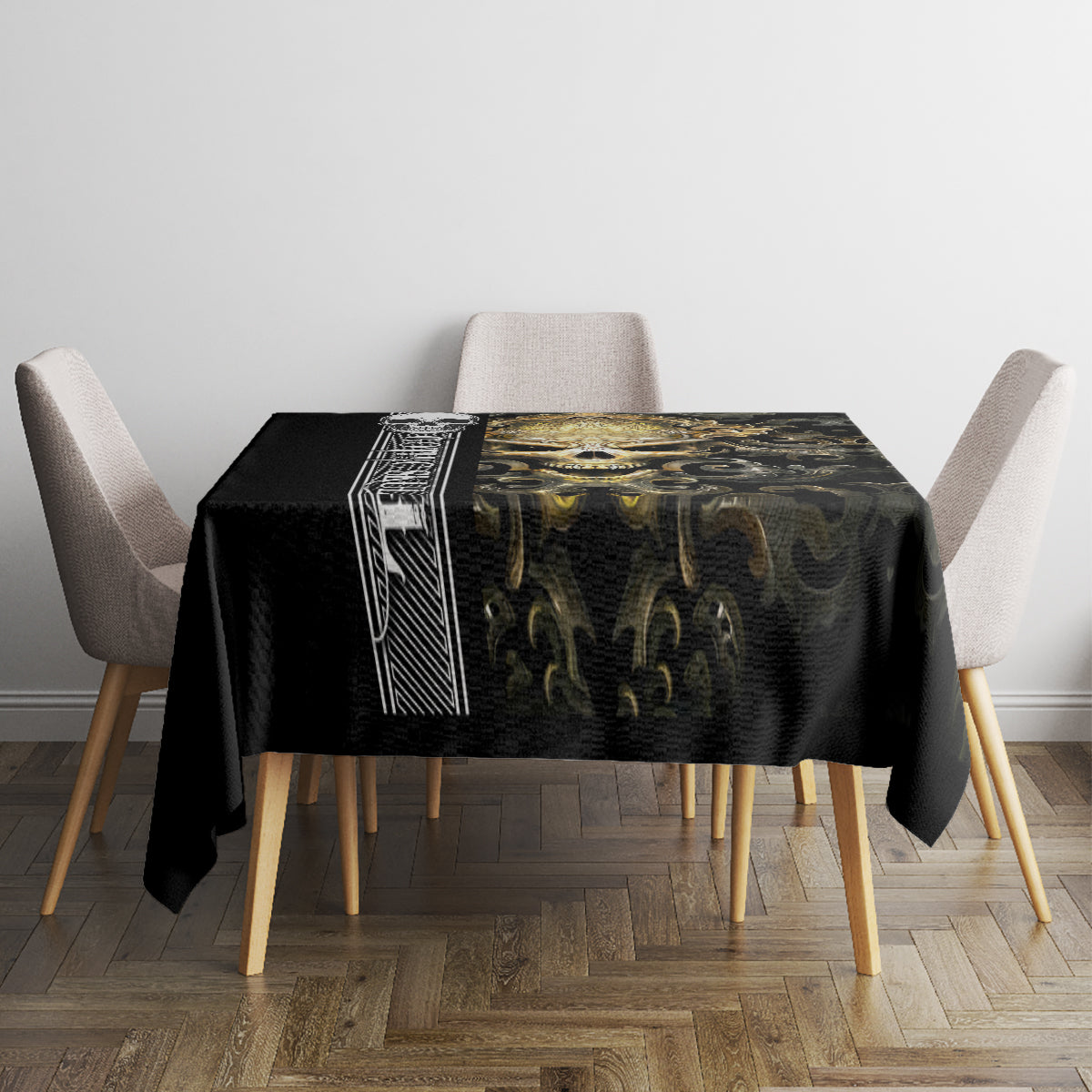 Black gothic tablecloth with gold filigree pattern and vertical geometric border, rectangular
