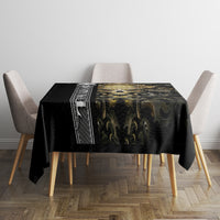 Black gothic tablecloth with gold filigree pattern and vertical geometric border, rectangular