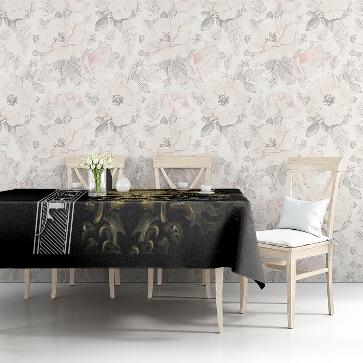 Black gothic tablecloth with gold filigree skull motif, neatly spread on table