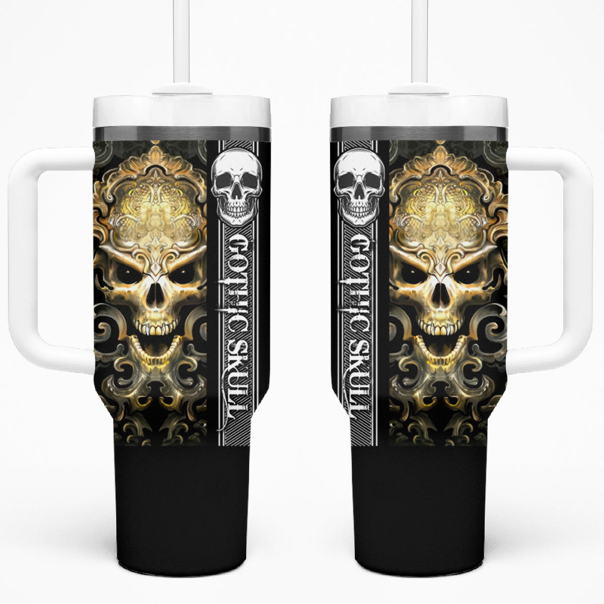 Golden Gothic Skull Tumbler With Handle Embracing Ancient Elegance