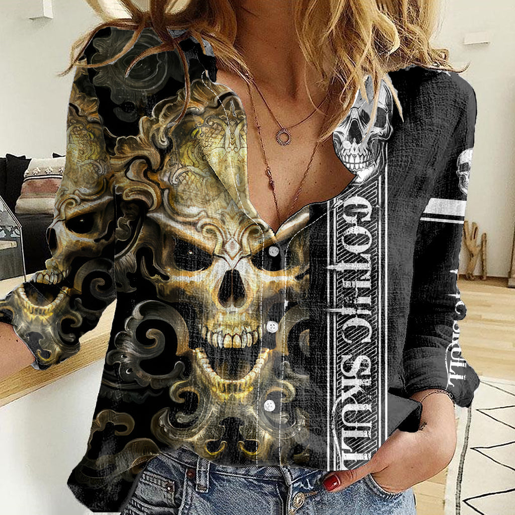 Golden Gothic Skull Women Casual Shirt Embracing Ancient Elegance DT01