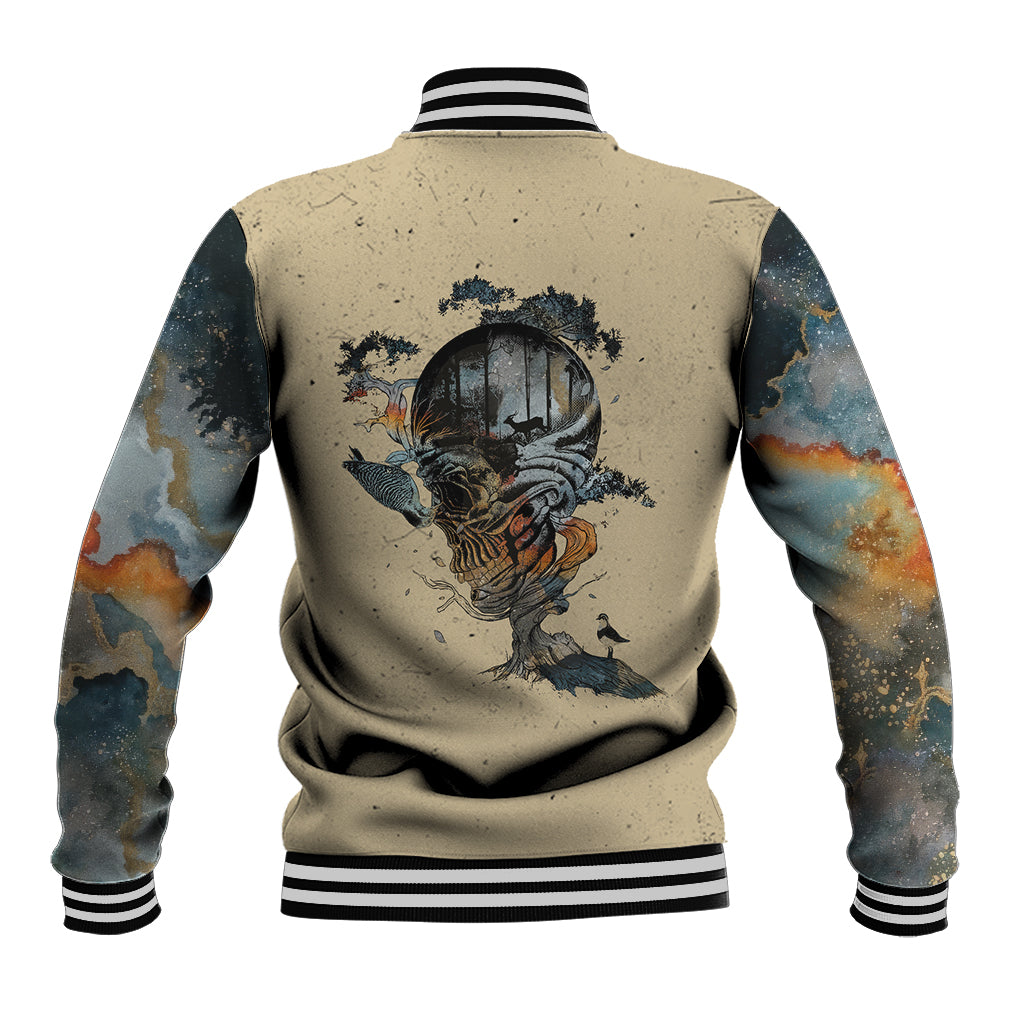 Beige back graphic baseball jacket with striped ribbed cuffs and hem, button front
