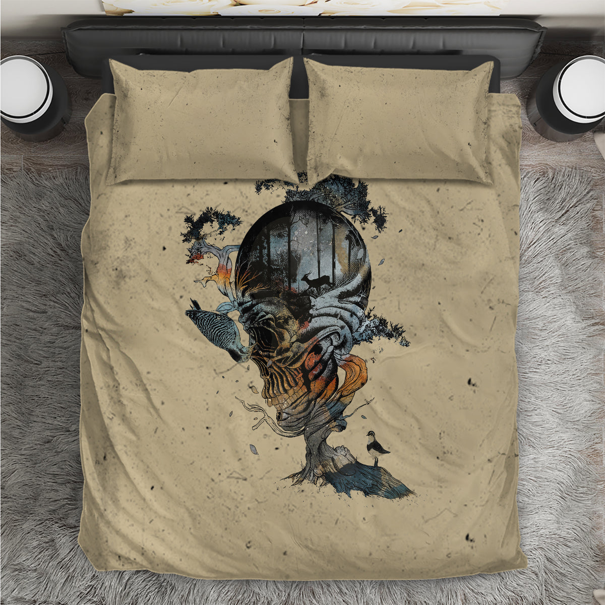 Beige duvet cover with skull figure and birds print, plus two matching pillowcases
