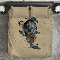 Beige duvet cover with skull figure and birds print, plus two matching pillowcases