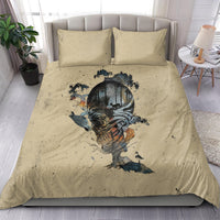 Beige bedding set with large circular skull illustration on duvet, two pillow shams