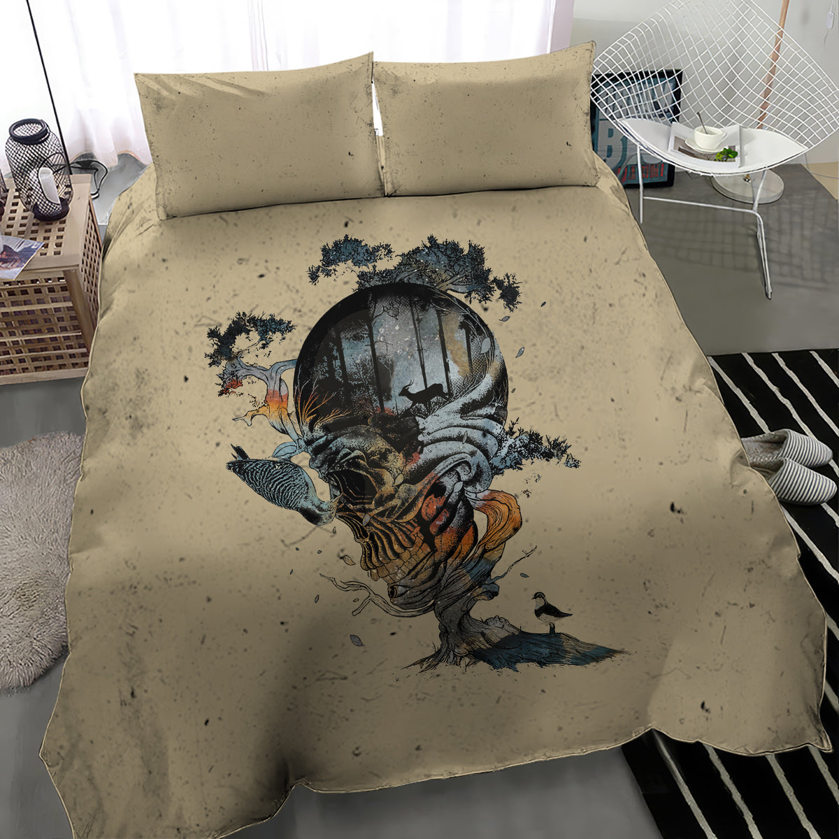 Beige duvet and two pillow shams featuring skull artwork with splatter pattern