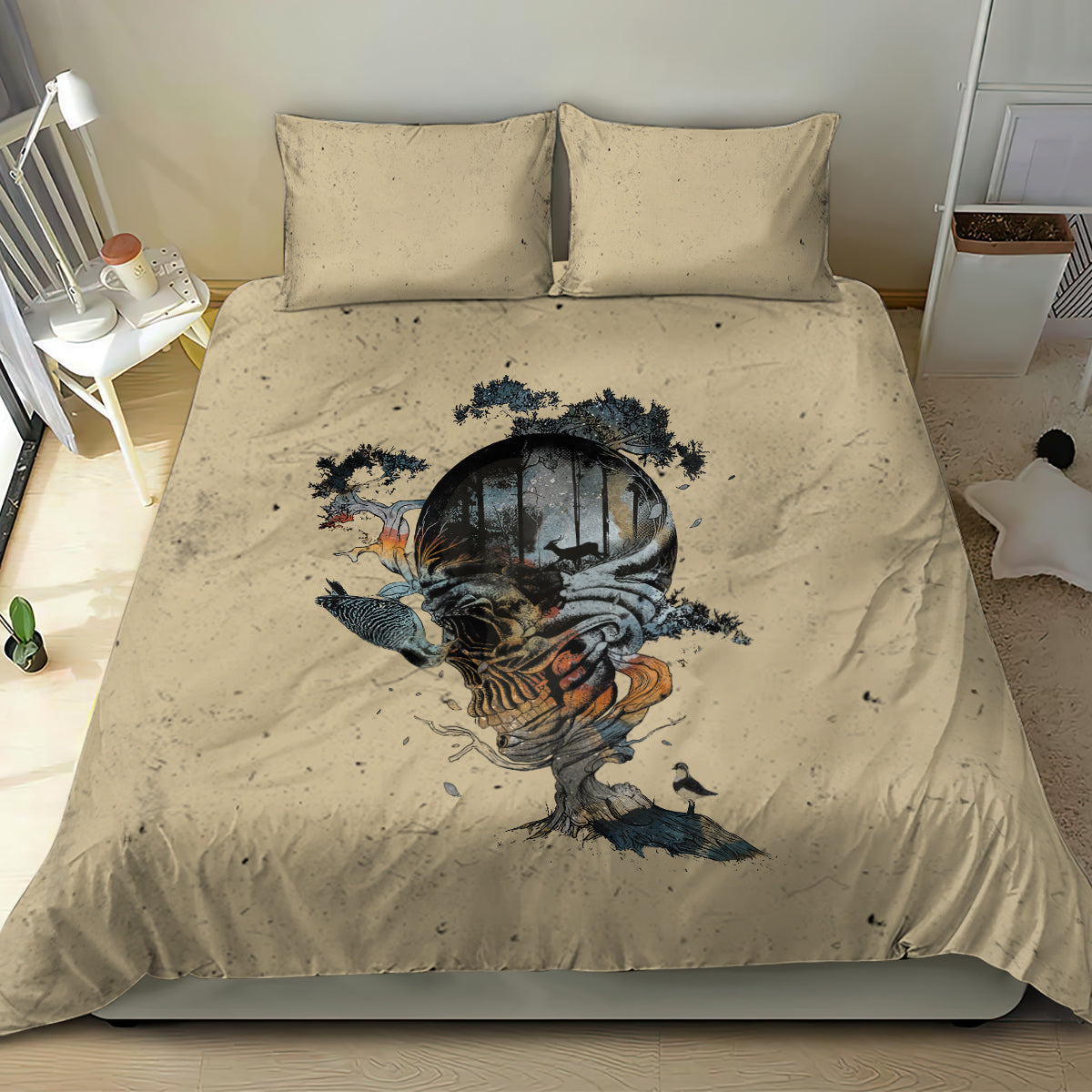 Beige duvet cover with dark skull graphic and birds, paired with two pillow shams