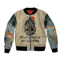 Beige unisex bomber jacket with skull graphic and quote 'Hello darkness'