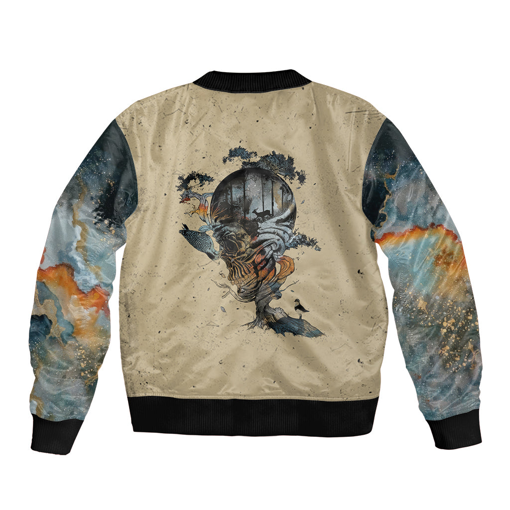 Beige unisex bomber jacket with back skull-and-city scene graphic