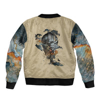 Beige unisex bomber jacket with back skull-and-city scene graphic