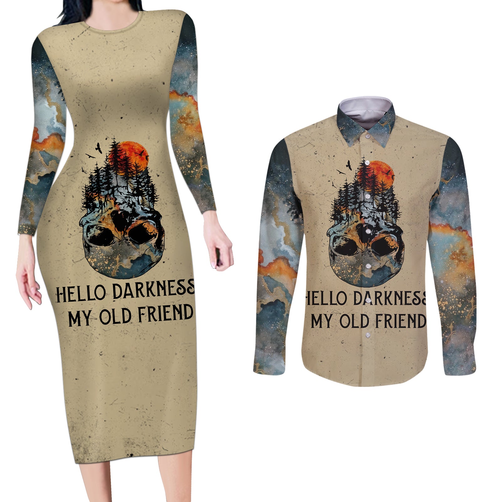 Skull Couples Matching Long Sleeve Bodycon Dress and Long Sleeve Button Shirts Hello Darkness My Old Friend - Wonder Print Shop