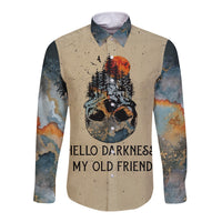Beige long-sleeve button shirt with skull graphic and quote text