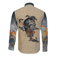 Beige long-sleeve button shirt with back skull graphic and bird accents