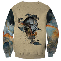 Beige crewneck sweatshirt with dark skull-and-tree forest graphic on back