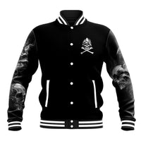 Black unisex baseball jacket with button front, striped collar, and small skull chest patch