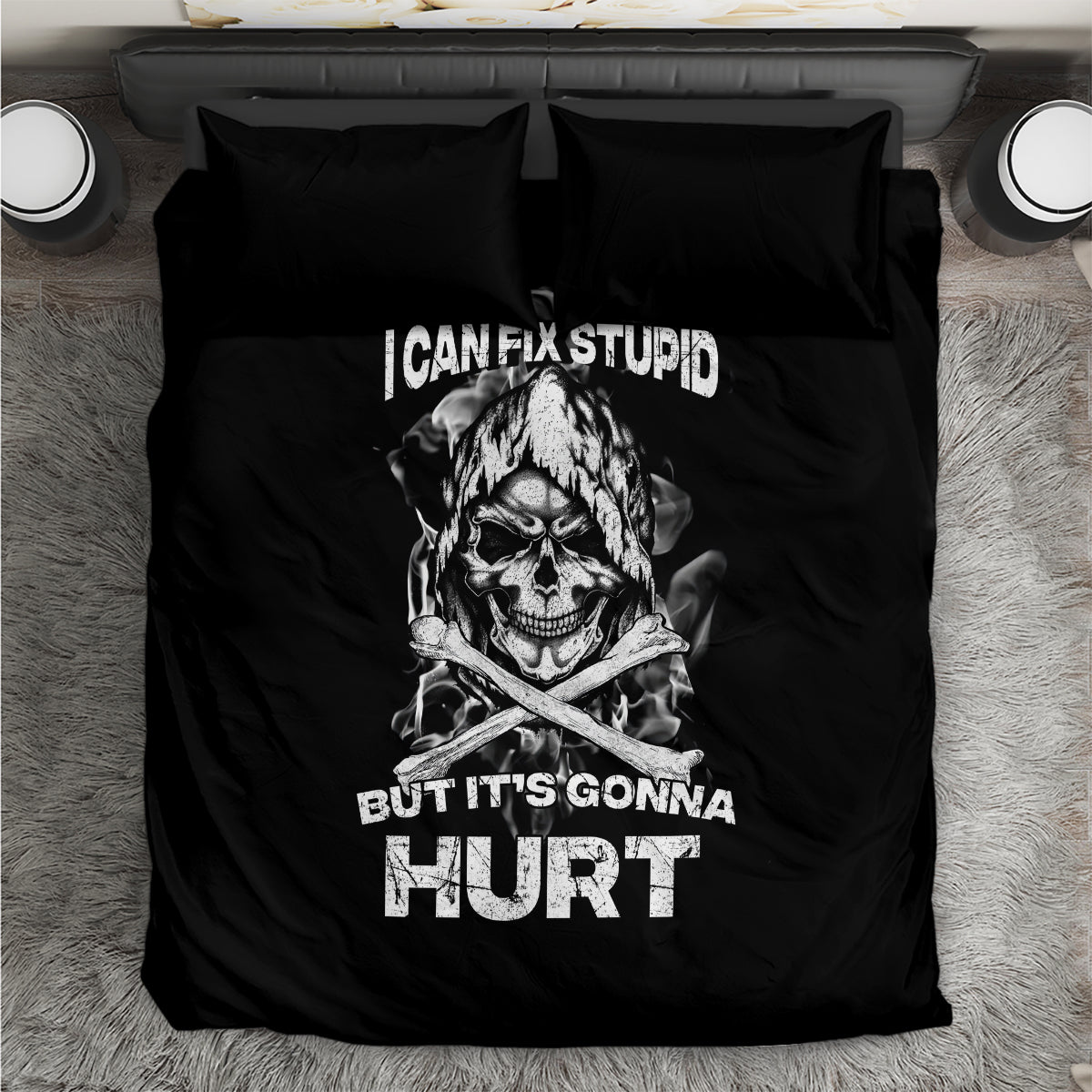 Black bedding set with printed skull and crossed tools, slogan on duvet and pillowcases