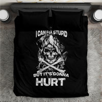 Black bedding set with printed skull and crossed tools, slogan on duvet and pillowcases