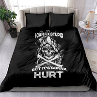 Black bedding set with skull graphic and bold slogan text on duvet and two matching pillows