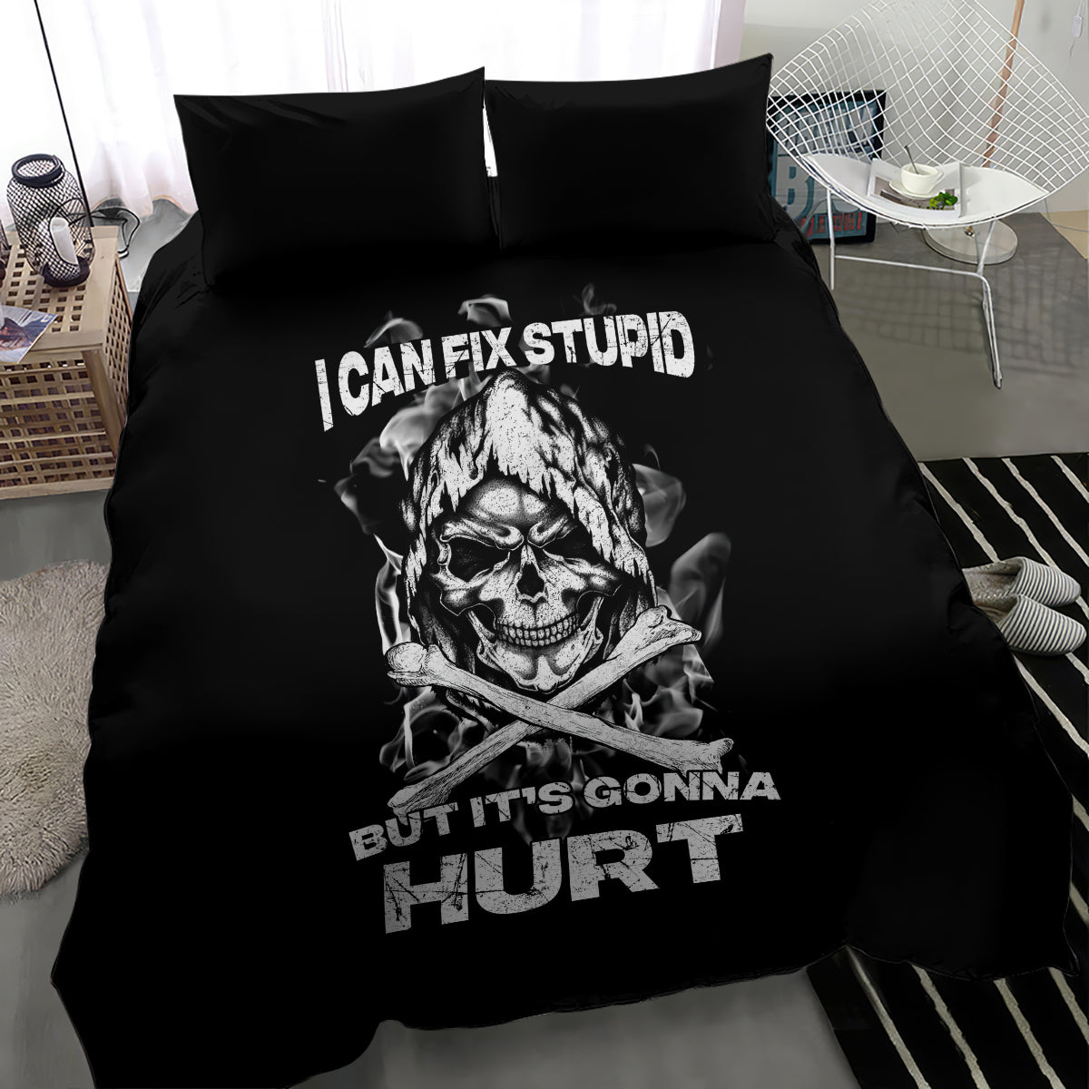 Black bedding set featuring a central skull print and bold slogan text on the duvet