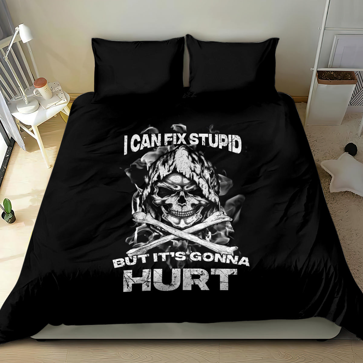 Black duvet set with skull artwork and big slogan text on the front, plus two pillows