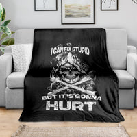 Black skull-themed throw blanket with large 'HURT' text