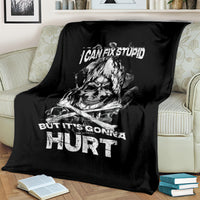 Black throw blanket with skull and sword graphic, bold 'HURT' lettering