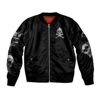 Black unisex bomber jacket with skull patch, full-zip front, ribbed cuffs and hem