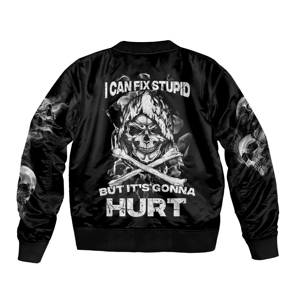 Black unisex bomber jacket with large back skull graphic, ribbed collar and hem
