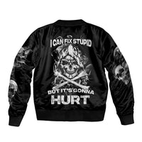 Black unisex bomber jacket with large back skull graphic, ribbed collar and hem