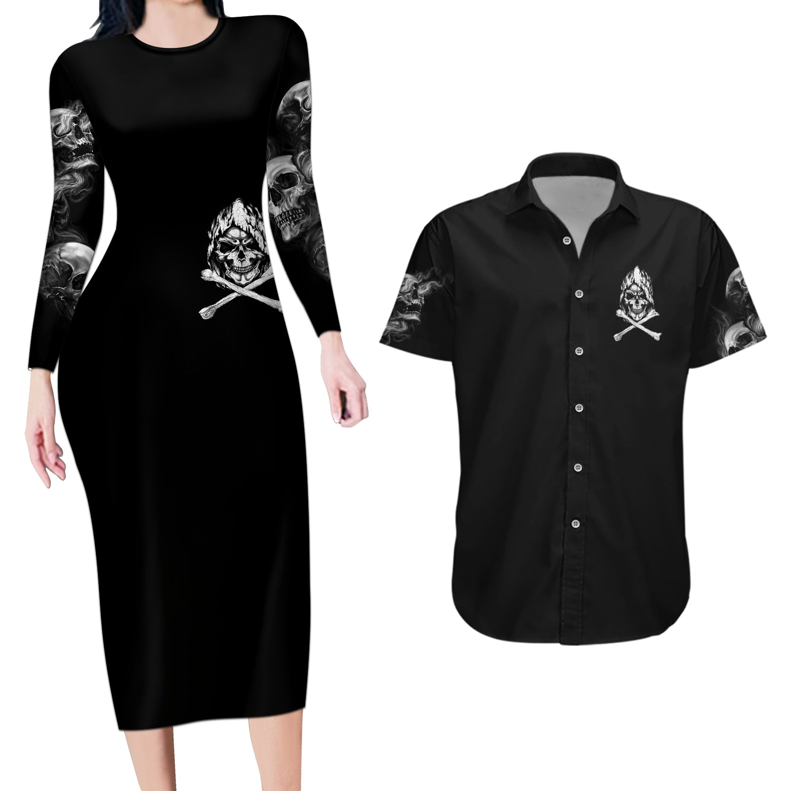 Skull Couples Matching Long Sleeve Bodycon Dress and Hawaiian Shirt I Can Fix Stupid - Wonder Print Shop