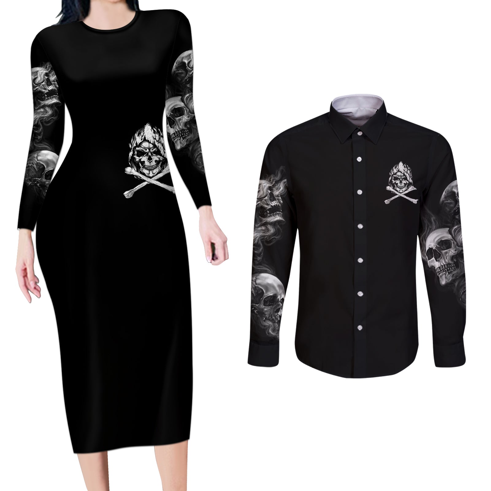 Skull Couples Matching Long Sleeve Bodycon Dress and Long Sleeve Button Shirts I Can Fix Stupid - Wonder Print Shop