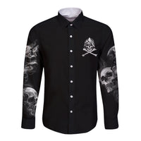 Unisex black long-sleeve button shirt with front skull graphic and skull sleeve print