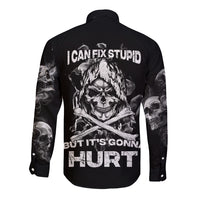 Unisex black long-sleeve button shirt, back skull graphic with text, sleeve skull prints