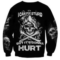 Black crewneck sweatshirt with large back skull, flaming hair and slogan text.