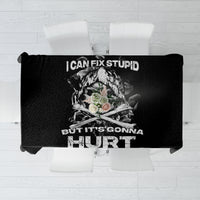 Black skull graphic tablecloth with large white text and floral details, flat view