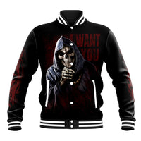 Black unisex baseball jacket with ribbed striped collar and front skull-angel graphic