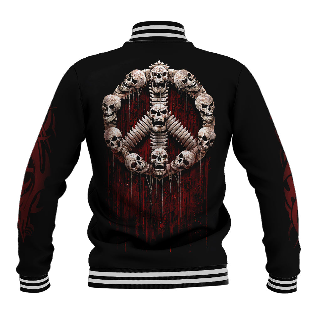 Black unisex baseball jacket with back large skull circle graphic and striped ribbed hem