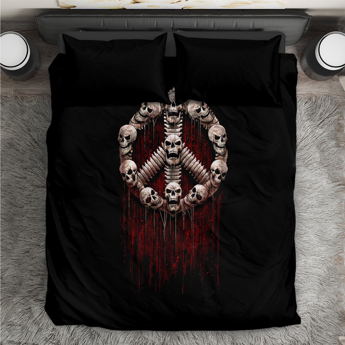 Black duvet cover with skull angel circle graphic, two pillowcases