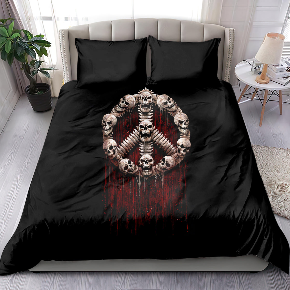 Black bedding set with red drips and skeleton halo graphic on duvet