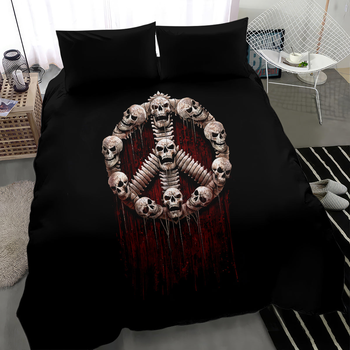 Black duvet cover featuring skeleton wings and skull ring graphic