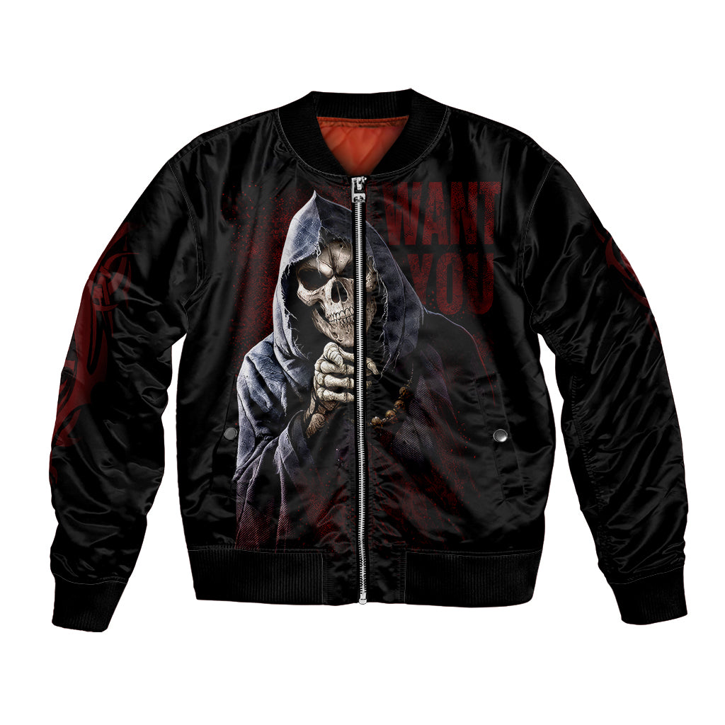 Black bomber jacket with front skull and hand graphic, full-zip, ribbed cuffs