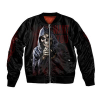 Black bomber jacket with front skull and hand graphic, full-zip, ribbed cuffs