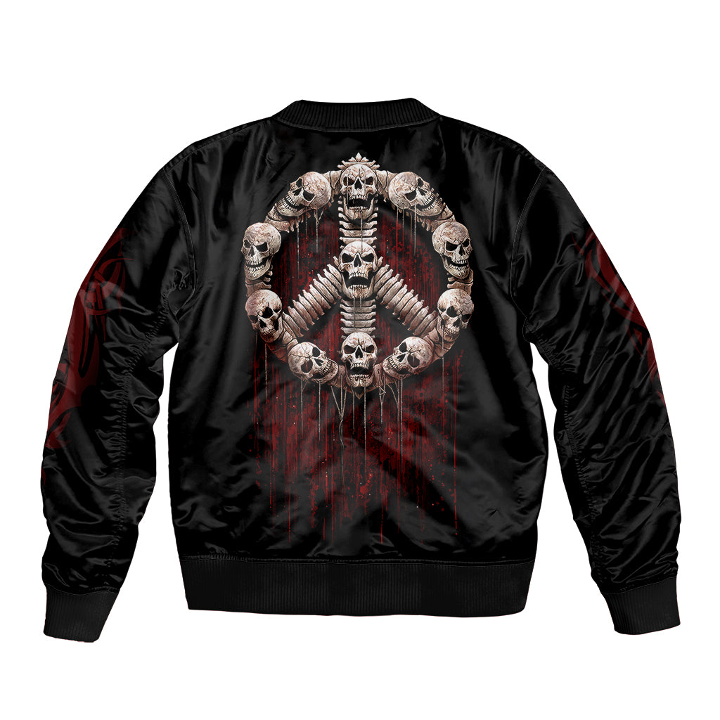 Black bomber jacket with large back skeleton skull graphic, ribbed collar and hem