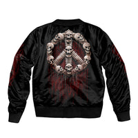 Black bomber jacket with large back skeleton skull graphic, ribbed collar and hem