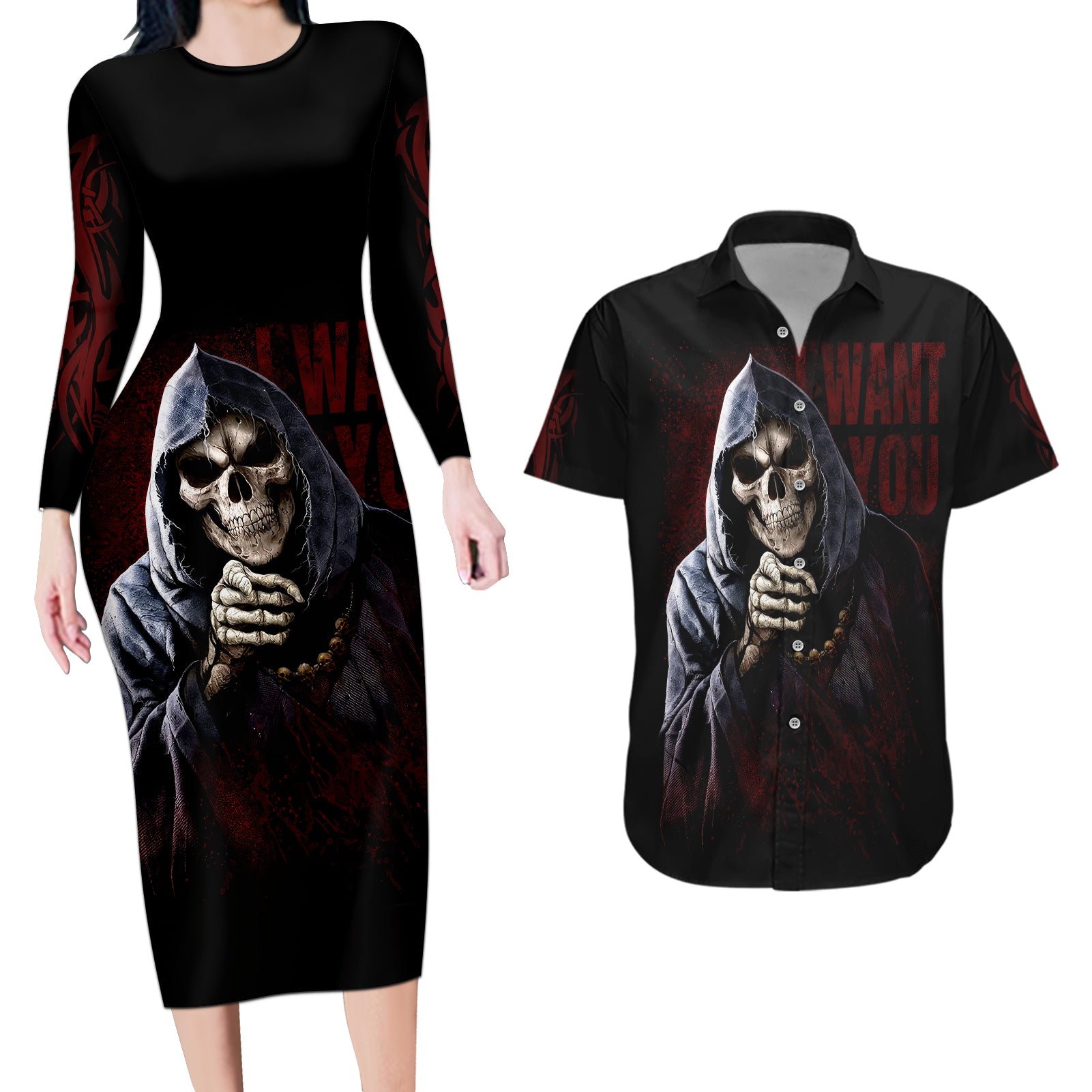 Reaper Couples Matching Long Sleeve Bodycon Dress and Hawaiian Shirt Uncle Death Angel Peace Skull - Wonder Print Shop