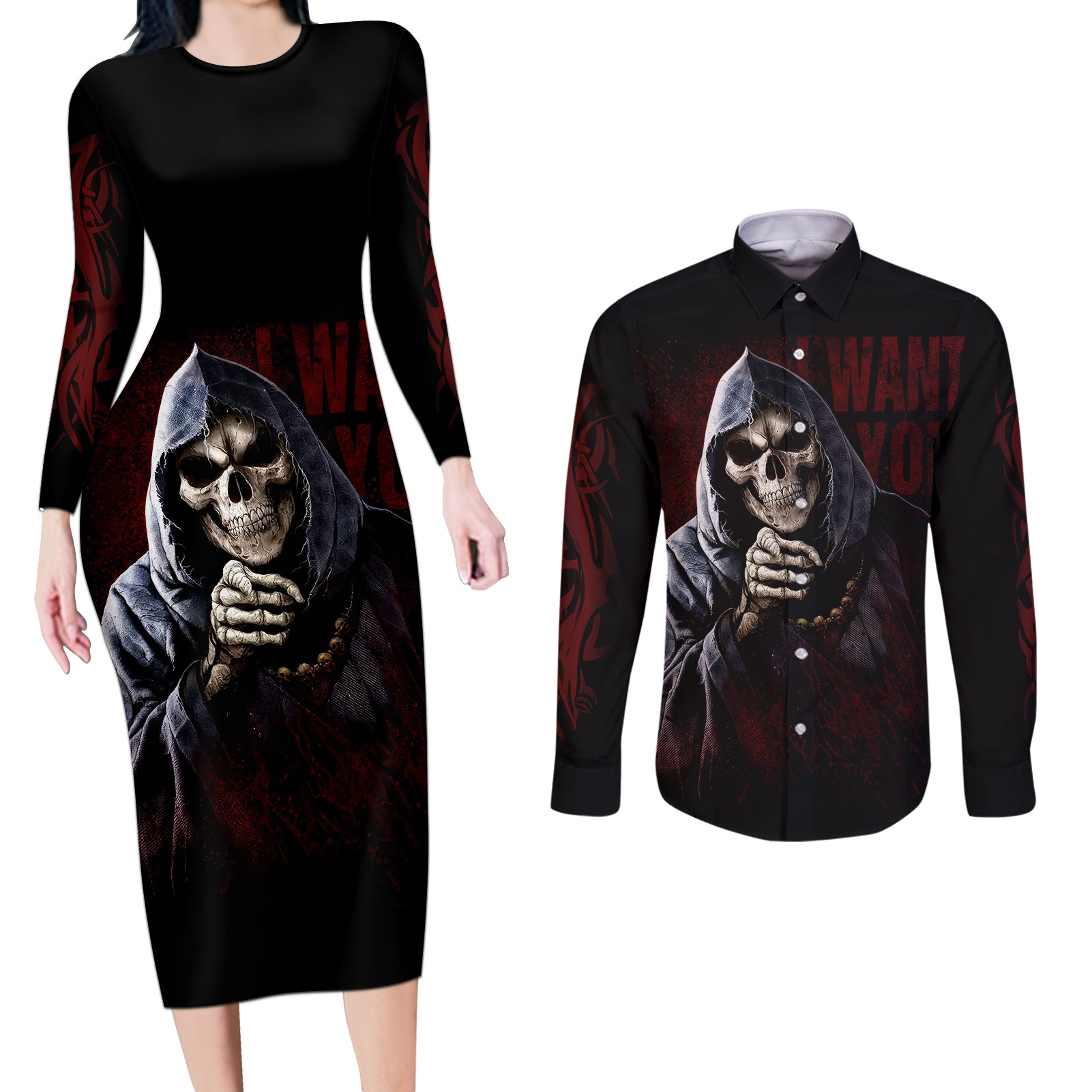 Reaper Couples Matching Long Sleeve Bodycon Dress and Long Sleeve Button Shirts Uncle Death Angel Peace Skull - Wonder Print Shop