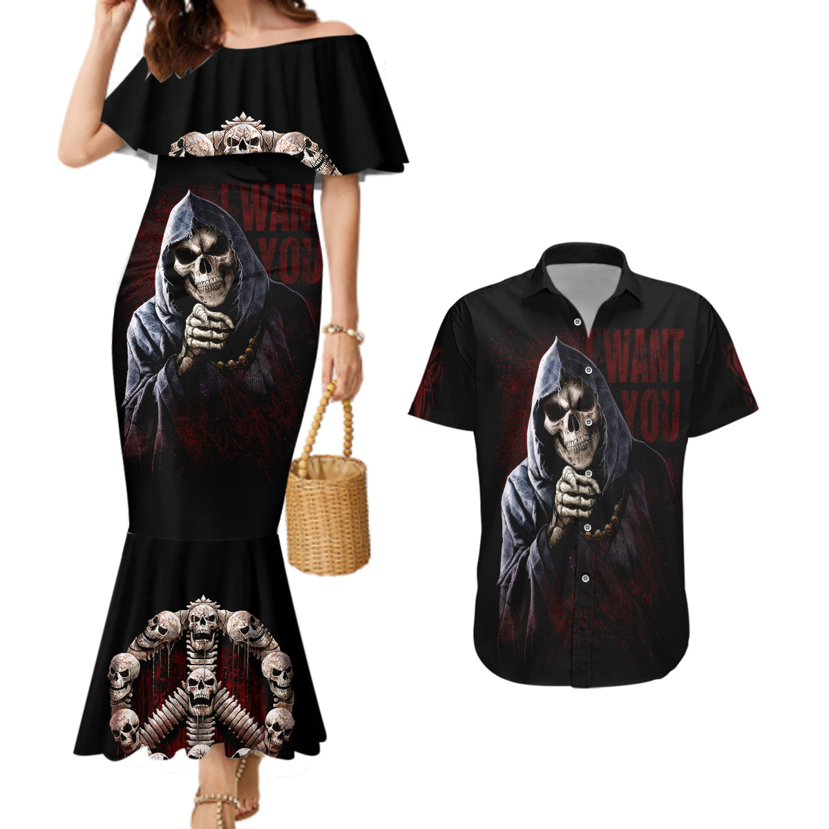 Reaper Couples Matching Mermaid Dress And Hawaiian Shirt Uncle Death Angel Peace Skull - Wonder Print Shop