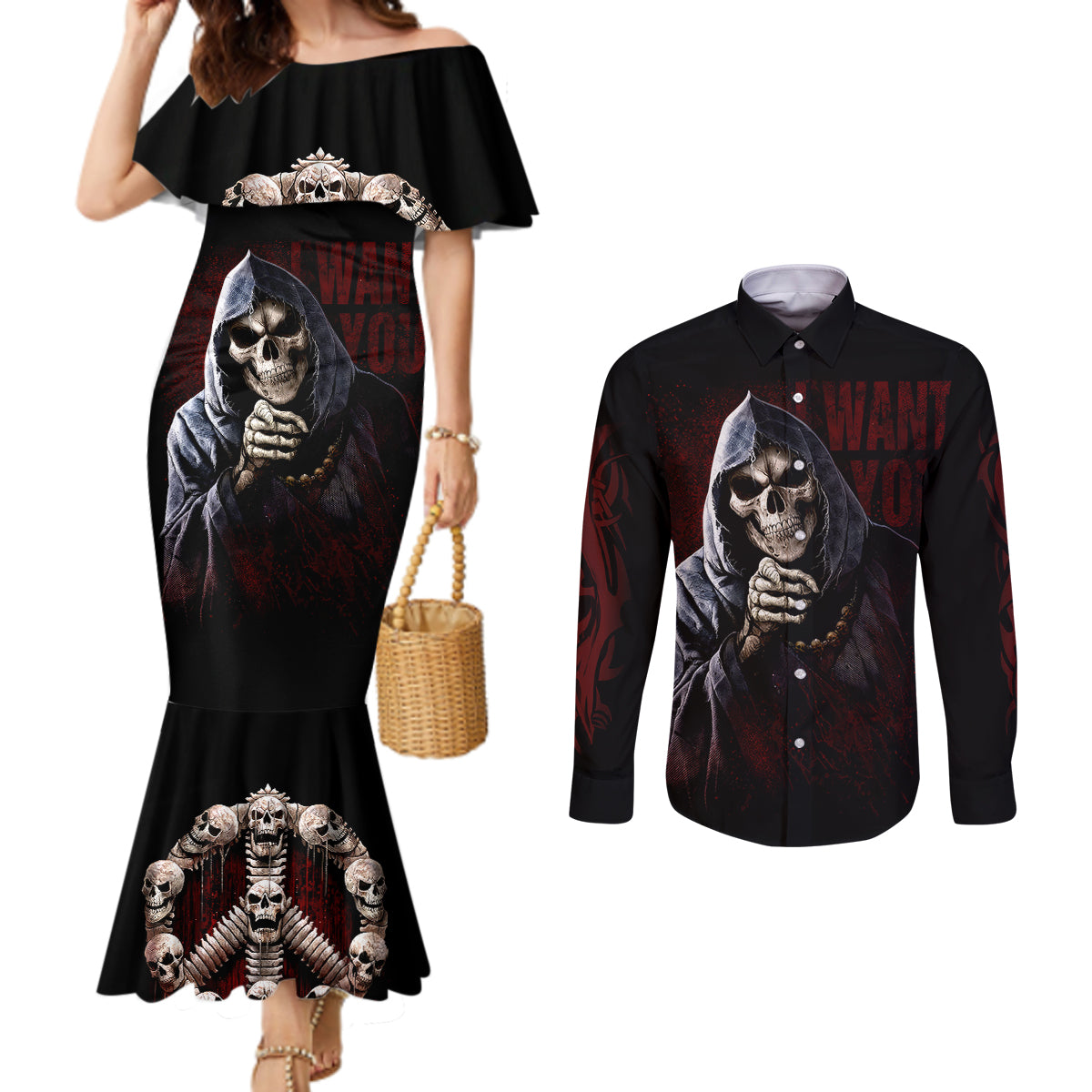 Reaper Couples Matching Mermaid Dress and Long Sleeve Button Shirts Uncle Death Angel Peace Skull DT01