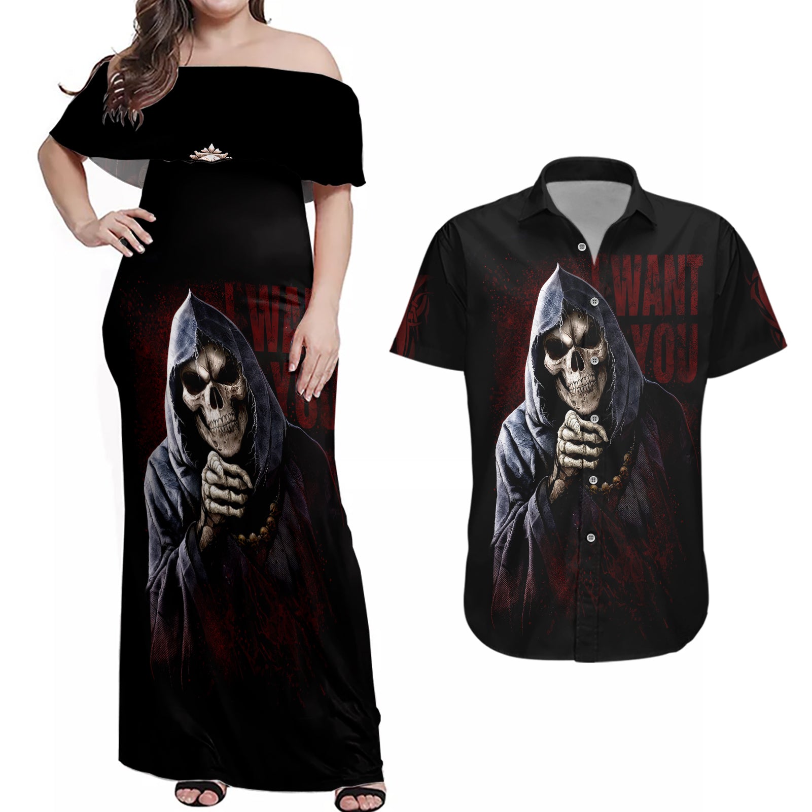 Reaper Couples Matching Off Shoulder Maxi Dress and Hawaiian Shirt Uncle Death Angel Peace Skull - Wonder Print Shop